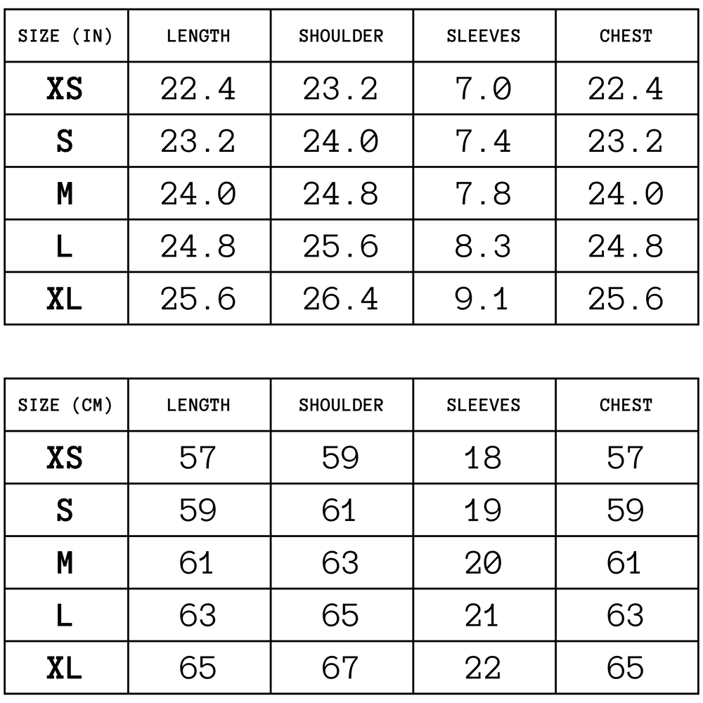 Wingless Tee Size Chart