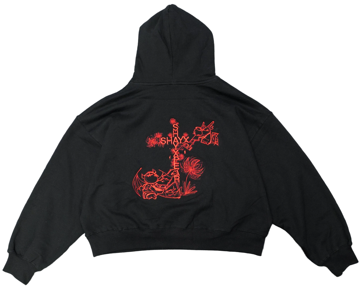 Back view of the hoodie with the design embroidered.