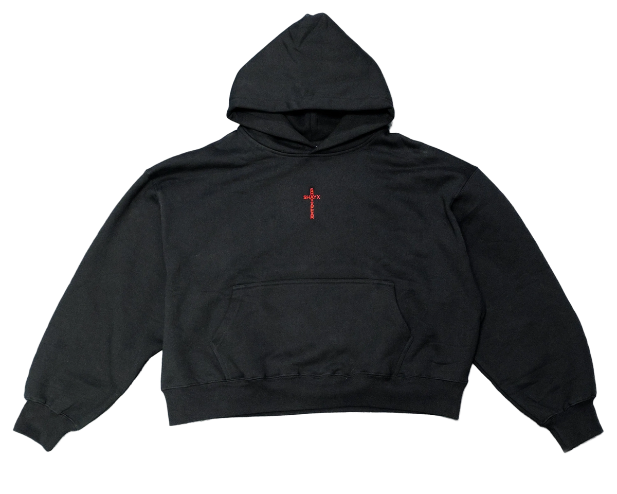 Front view of the hoodie with SHAYXPEAR's logo embroidered.