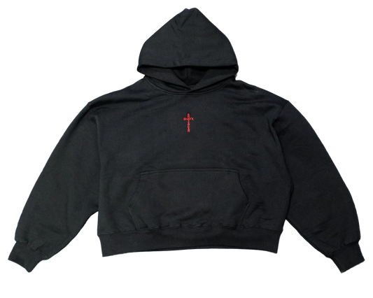 Front view of the hoodie with SHAYXPEAR's logo embroidered.