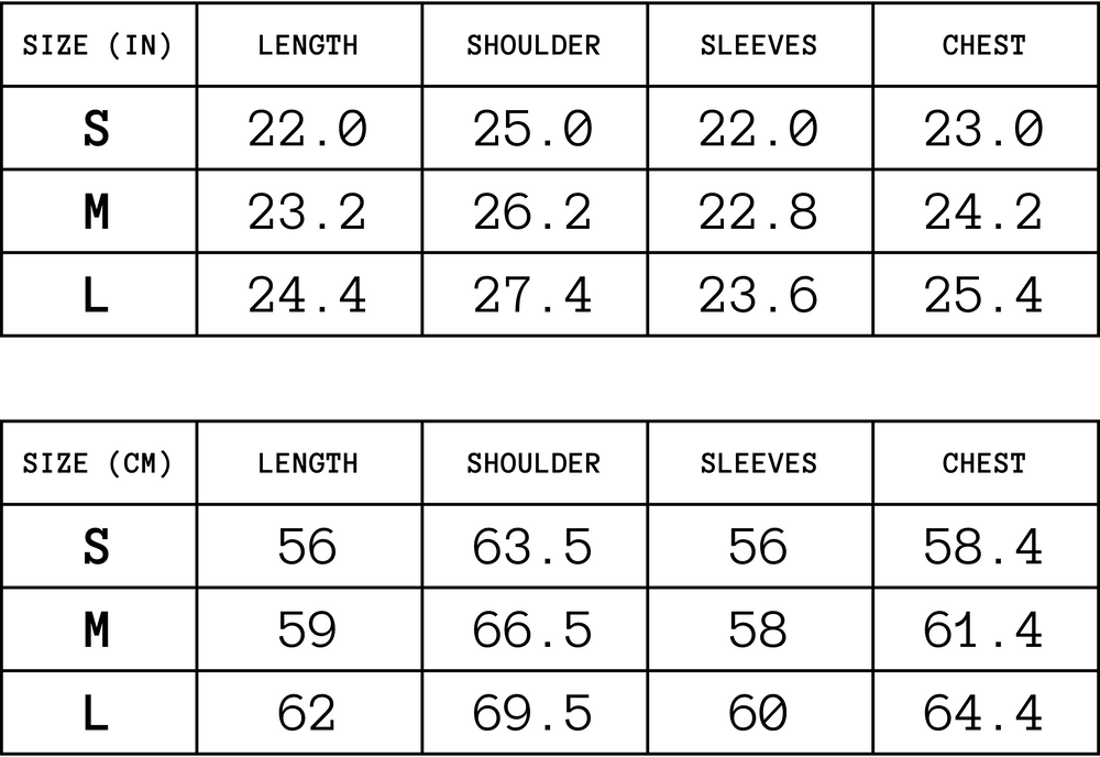 Scarlet Thread Jacket SAMPLE Size Chart