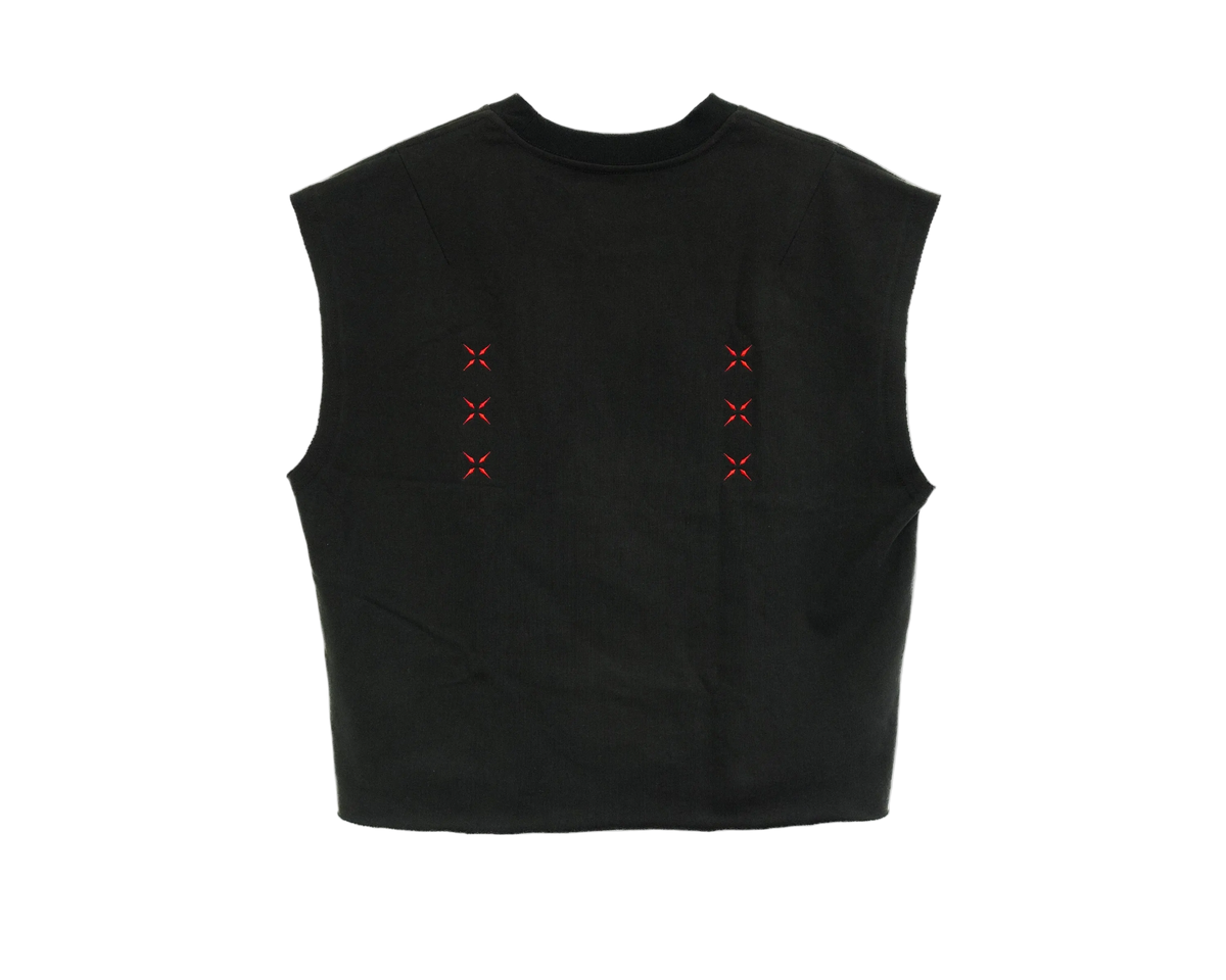 Back view of a cropped boxy tank top with six embroidered stitch designs.