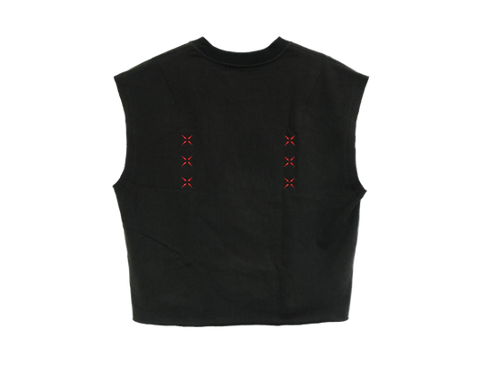 Back view of a cropped boxy tank top with six embroidered stitch designs.