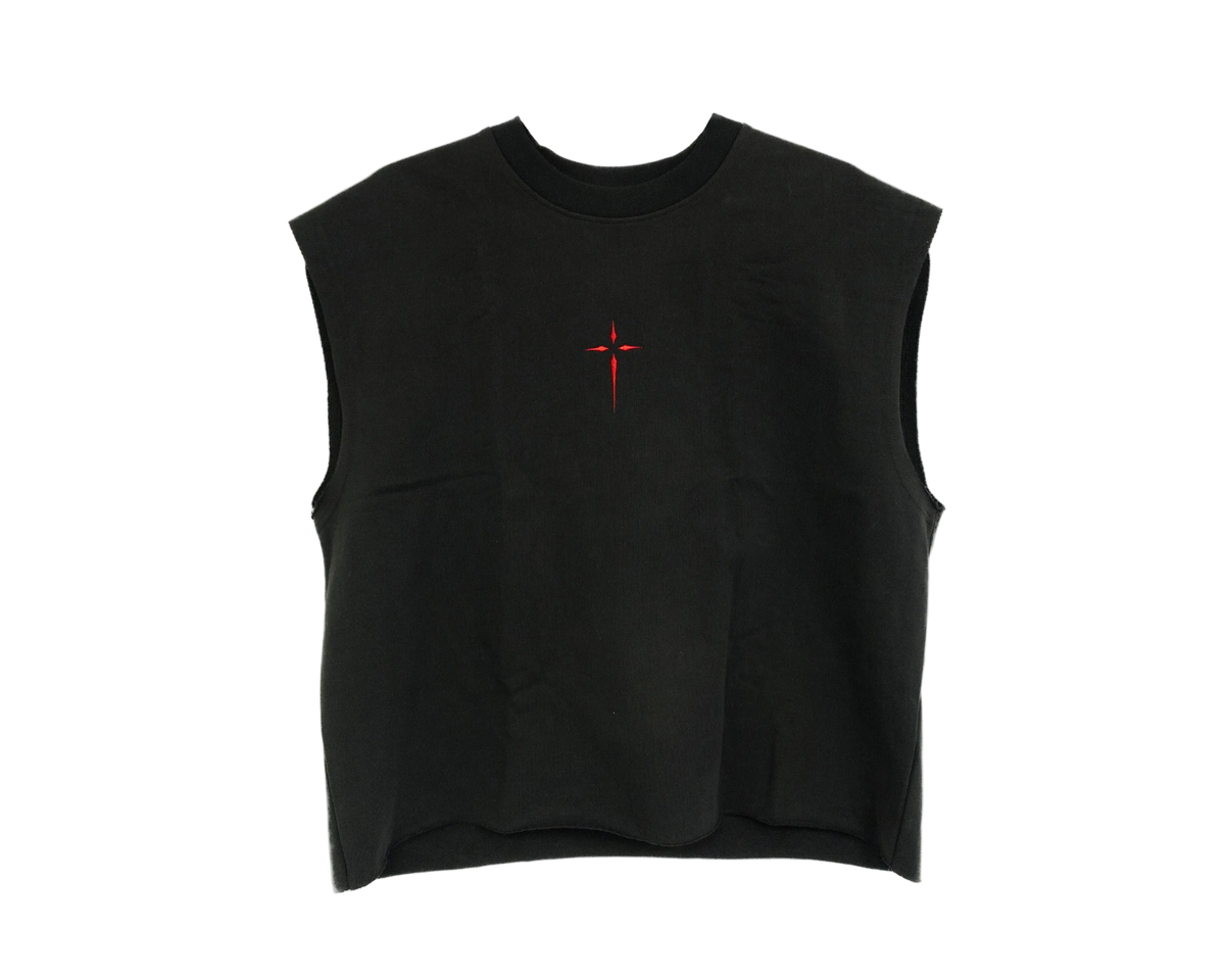 Front view of a cropped boxy tank top with SHAYXPEAR's logo embroidered.