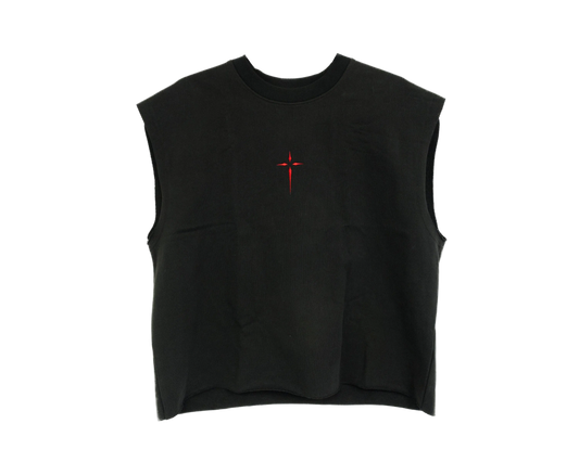 Front view of a cropped boxy tank top with SHAYXPEAR's logo embroidered.